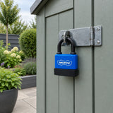 Wadfow blue weatherproof padlock secured to a garden shed hasp in a maintained courtyard