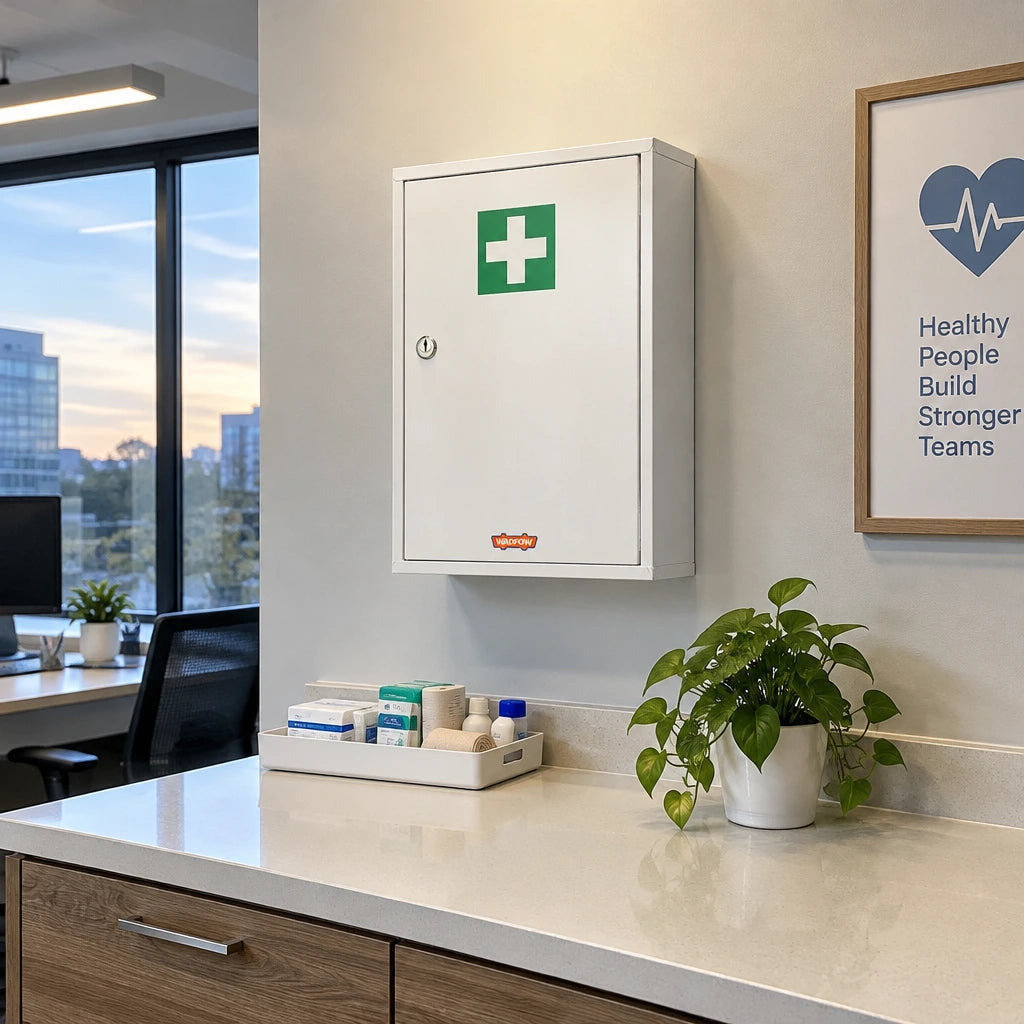 Closed Wadfow three-compartment medical cabinet keeping a modern workplace first-aid station organised and ready