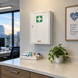 Closed Wadfow three-compartment medical cabinet keeping a modern workplace first-aid station organised and ready