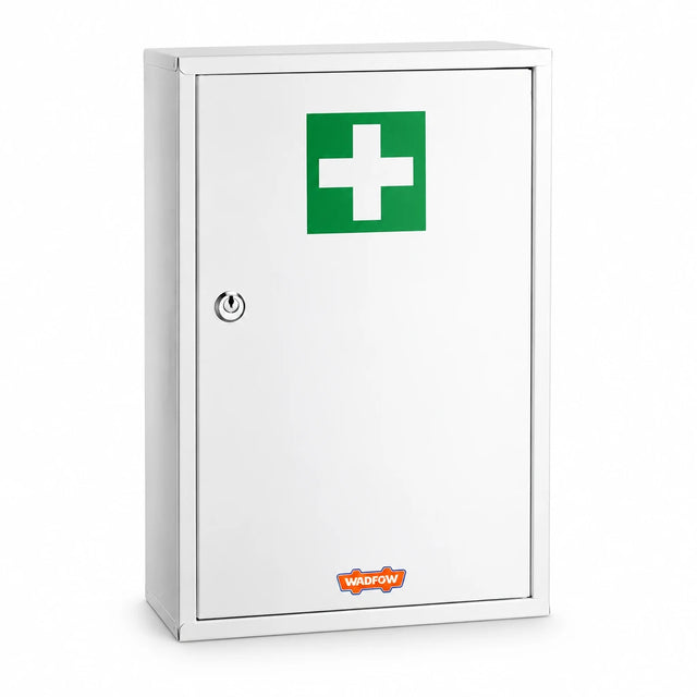Wadfow WYYX4502 white wall-mounted medical cabinet with green cross and front lock on a white background