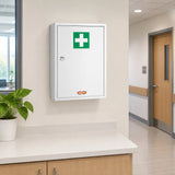 Closed Wadfow wall-mounted medical cabinet installed above a clear counter in a modern workplace first-aid area
