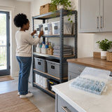 Completed steel storage rack in a tidy apartment utility room with the Wadfow WVW1B01 washer kit nearby