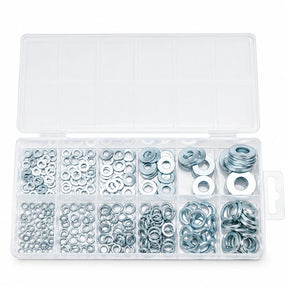 Wadfow WVW1B01 350-piece M4–M12 galvanised washer and lock washer kit in a clear compartment organiser on white background