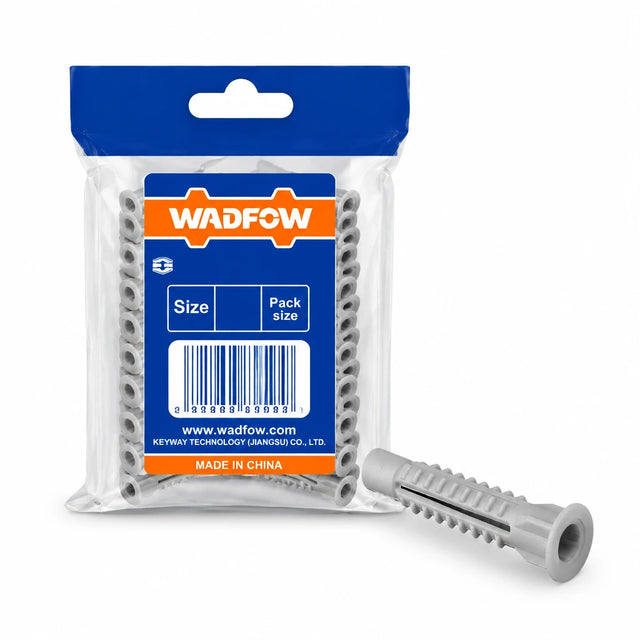 Wadfow grey 10 x 60mm universal wall anchors in a 15-piece transparent bag with one anchor shown beside it
