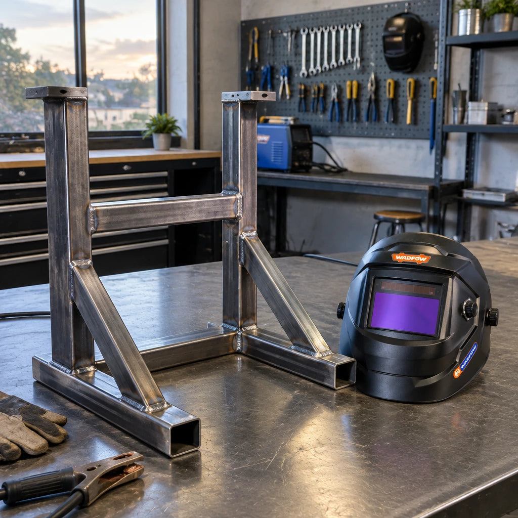 Completed welded steel assembly with the Wadfow WWH3505 auto-darkening helmet resting nearby in a fabrication workspace
