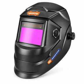 Wadfow WWH3505 black auto-darkening welding helmet with purple viewing lens and adjustable headgear on a white background