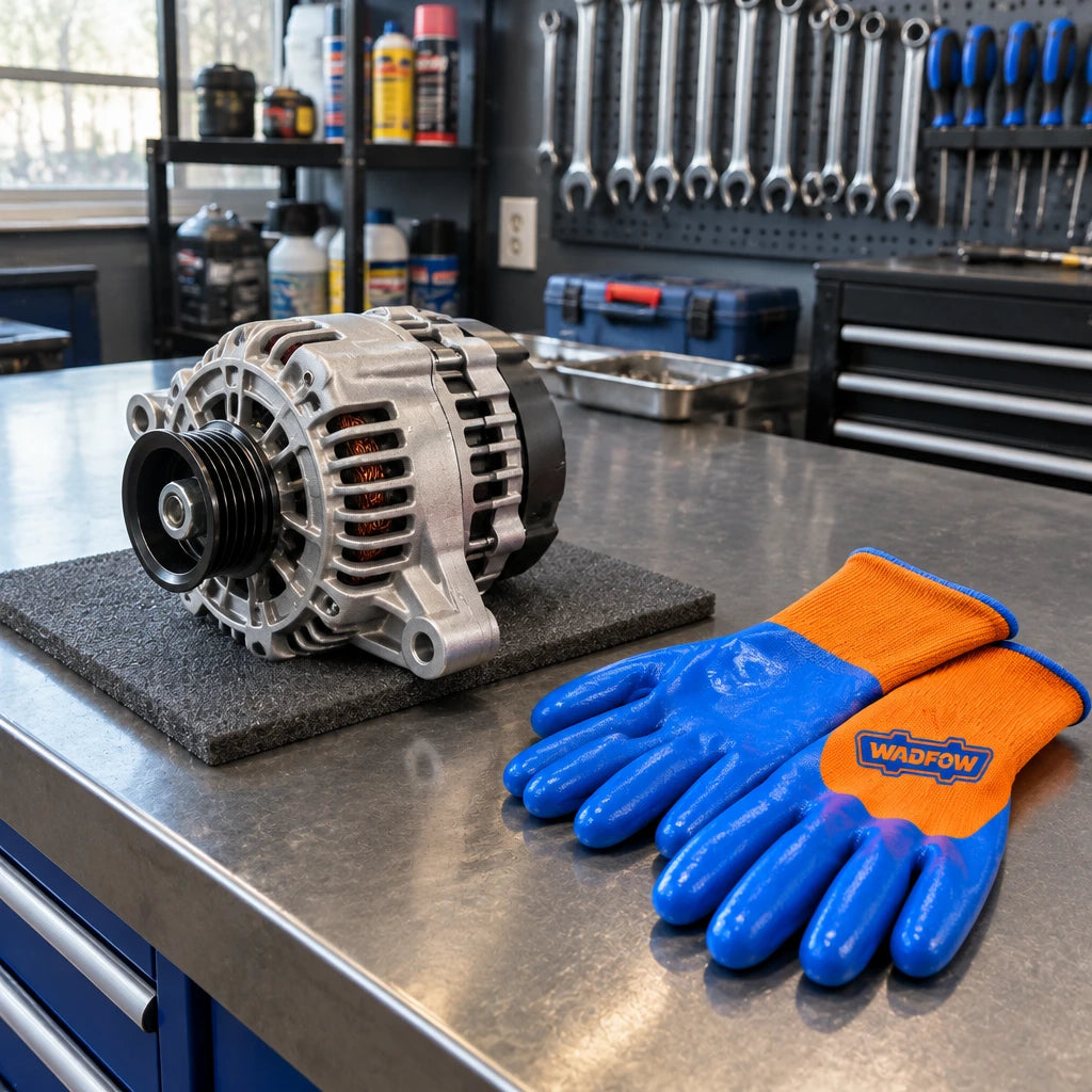 Wadfow WGV2802 gloves beside a neatly staged mechanical component after workshop maintenance