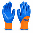 Wadfow WGV2802 XL blue nitrile-coated work gloves with orange polyester cuffs on white background