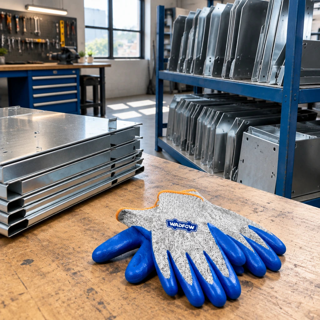 Organised sheet-metal components with Wadfow cut-resistant gloves resting nearby in a clean fabrication staging area.