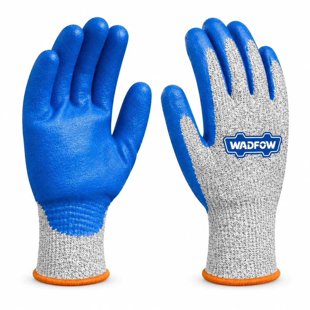 Wadfow WGV2809 XL pair of blue nitrile-coated cut-resistant gloves on a white background.