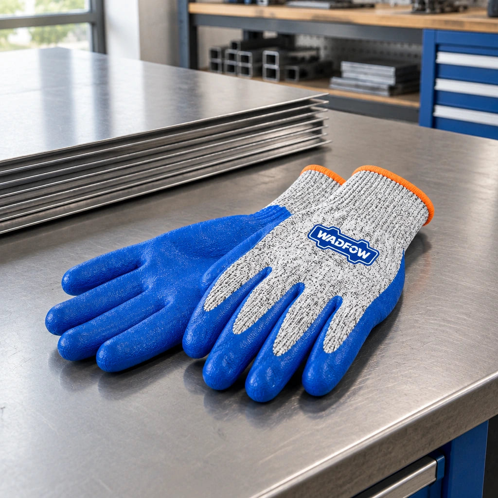 Wadfow XL cut-resistant gloves resting beside neatly stacked sheet metal on a clean fabrication bench.