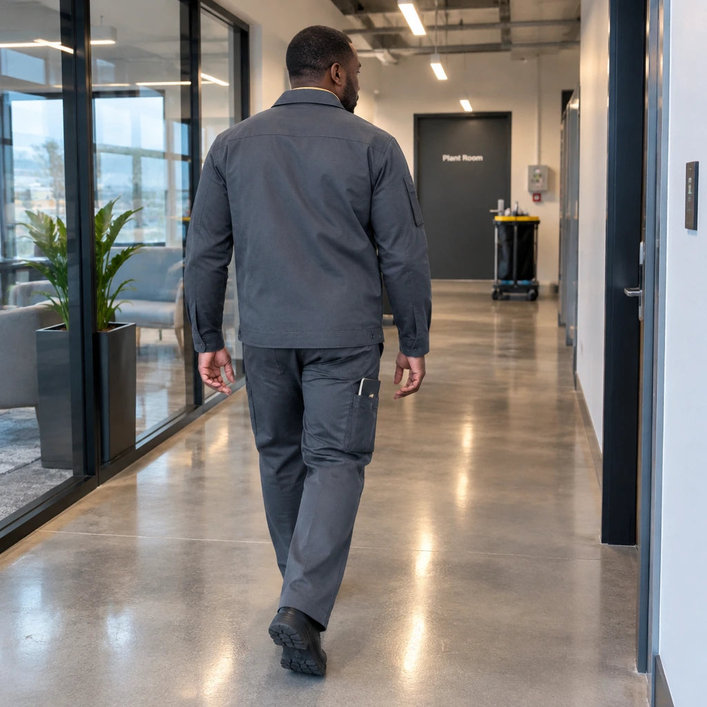 African American facilities worker in a Wadfow dark grey uniform walking prepared through a clean commercial service corridor