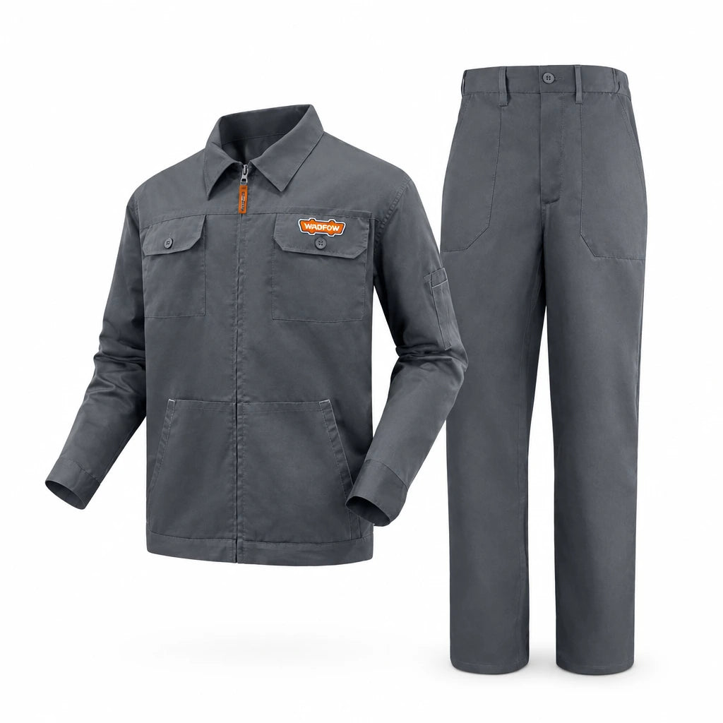 Wadfow WUN1801.L dark grey work uniform set with collared zip jacket and matching trousers on white background