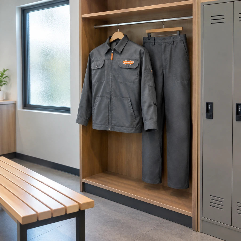 Wadfow dark grey work jacket and matching trousers stored neatly in a contemporary staff locker