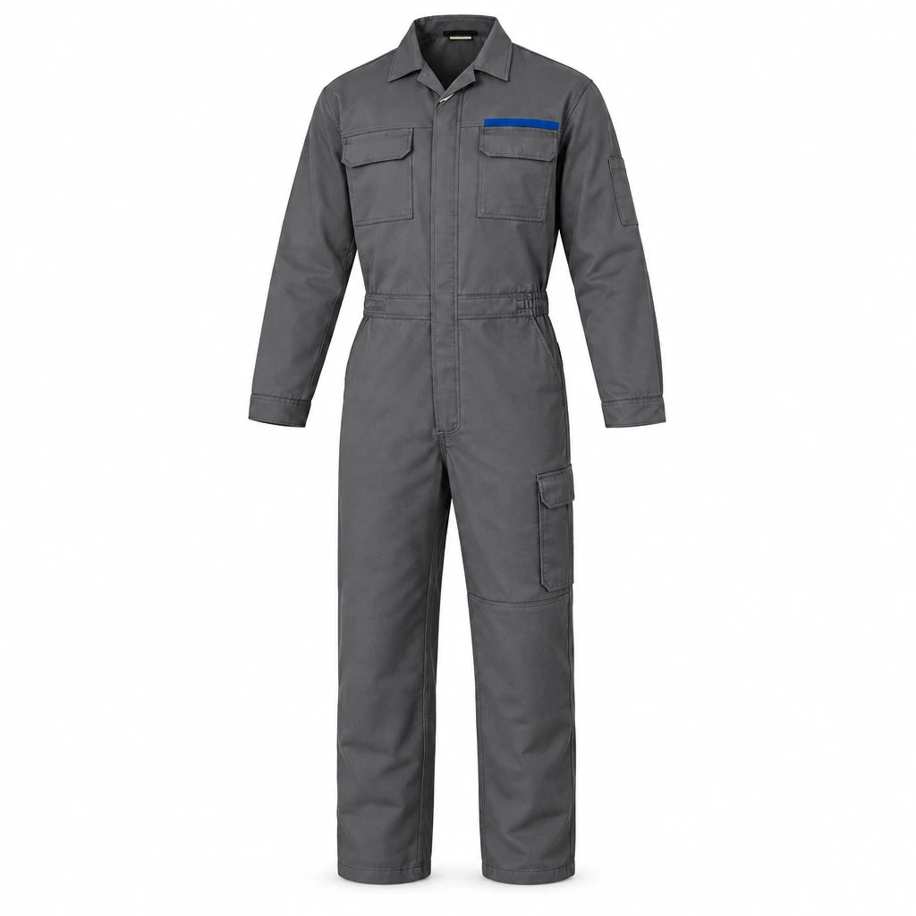 Wadfow WUN2802.L grey size L work coverall with blue chest-pocket accent and multiple utility pockets on a white background