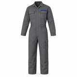 Wadfow WUN2802.L grey size L work coverall with blue chest-pocket accent and multiple utility pockets on a white background