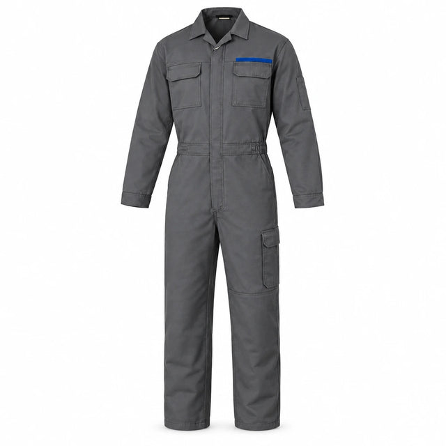 Wadfow WUN2802.L grey size L work coverall with blue chest-pocket accent and multiple utility pockets on a white background