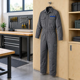 Grey Wadfow WUN2802.L work coverall hanging in an organised contemporary workshop changing nook