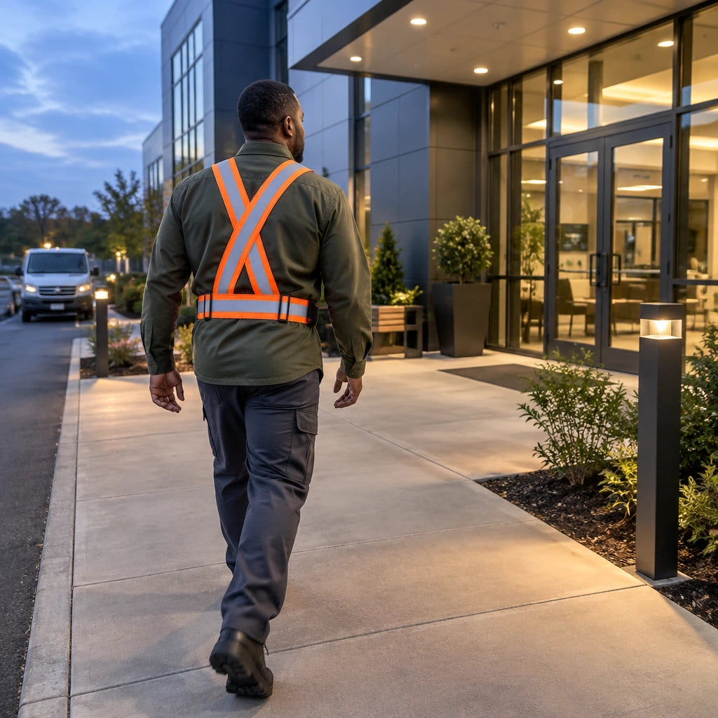Worker wearing a Wadfow fluorescent orange reflective vest walking along a commercial service route at dusk