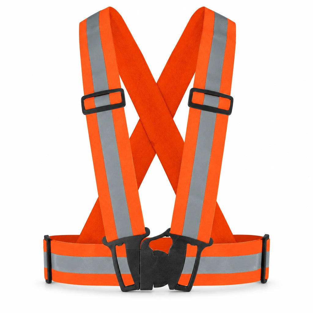 Wadfow WRV3811 fluorescent orange adjustable reflective vest with grey reflective strips and four buckles on white background