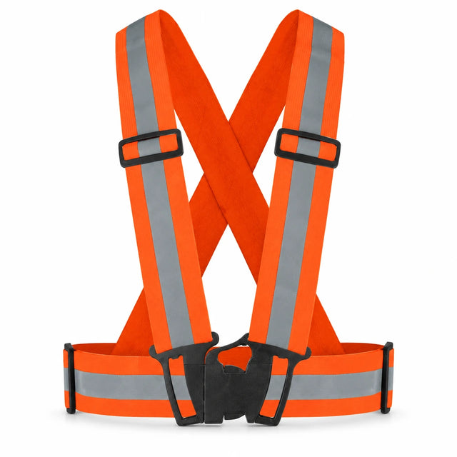 Wadfow WRV3811 fluorescent orange adjustable reflective vest with grey reflective strips and four buckles on white background
