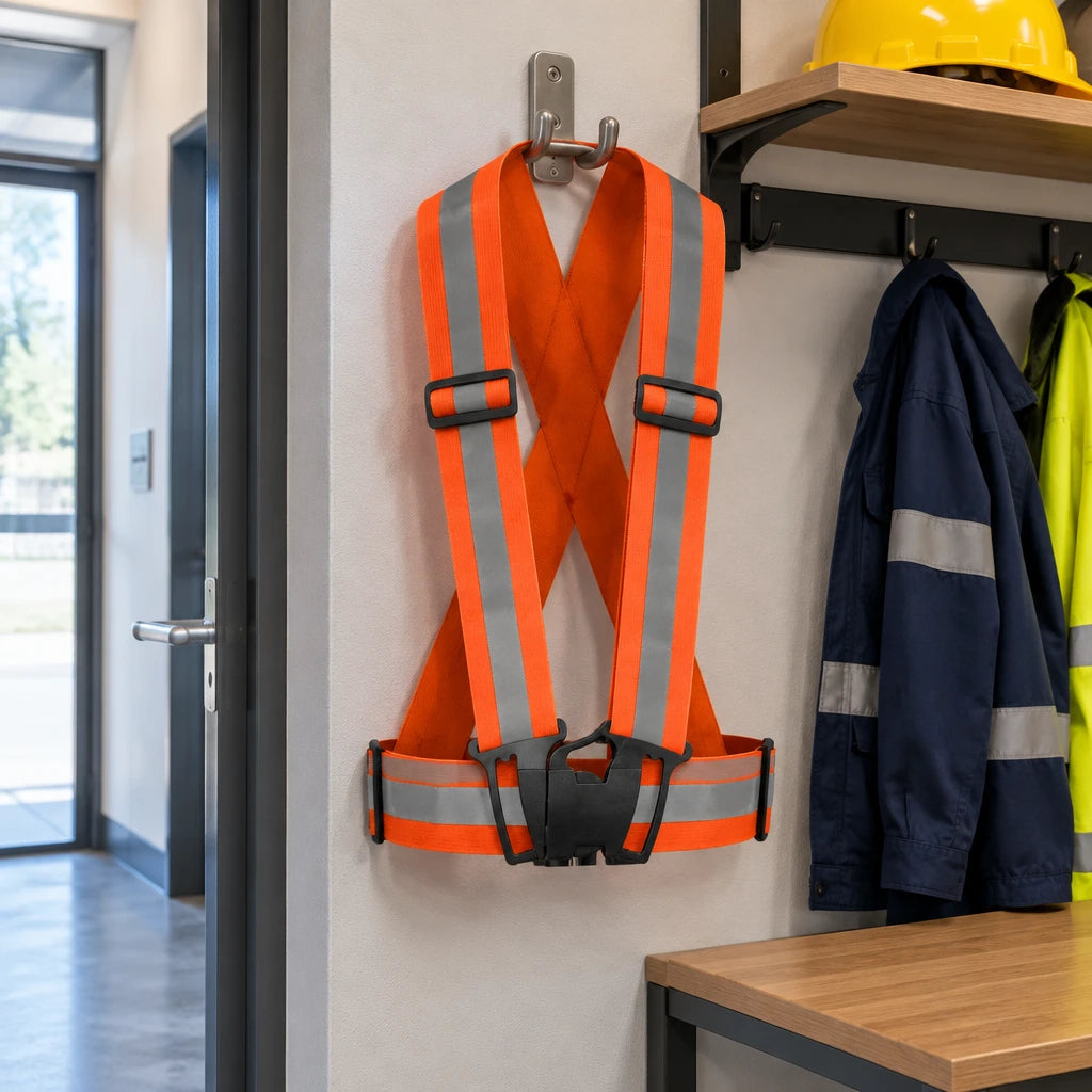 Wadfow fluorescent orange reflective vest hanging ready on a workwear hook in a clean commercial service area