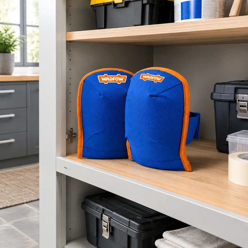 Wadfow blue kneepads resting on a shelf in an organised contemporary home renovation storage area.