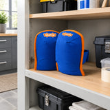 Wadfow blue kneepads resting on a shelf in an organised contemporary home renovation storage area.