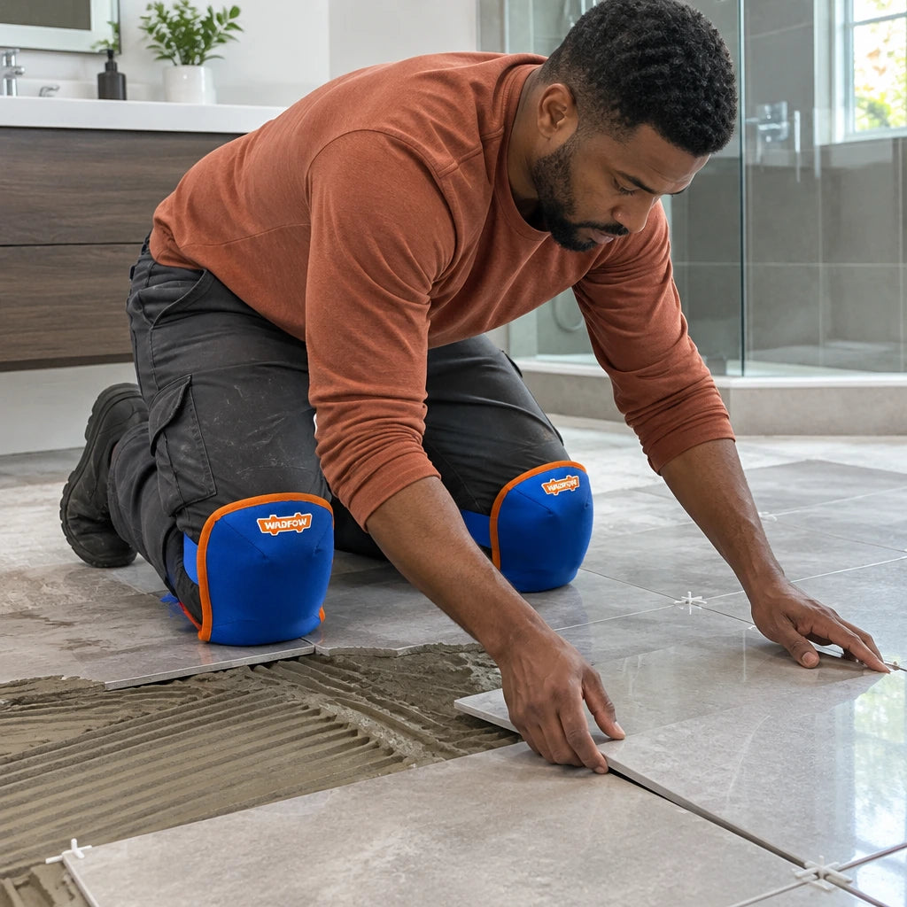 African American home renovator wearing Wadfow blue kneepads while setting floor tiles in a contemporary bathroom.