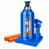 Wadfow WHJ1510 blue 10-ton hydraulic bottle jack with adjustable saddle and orange pump handles on a white background