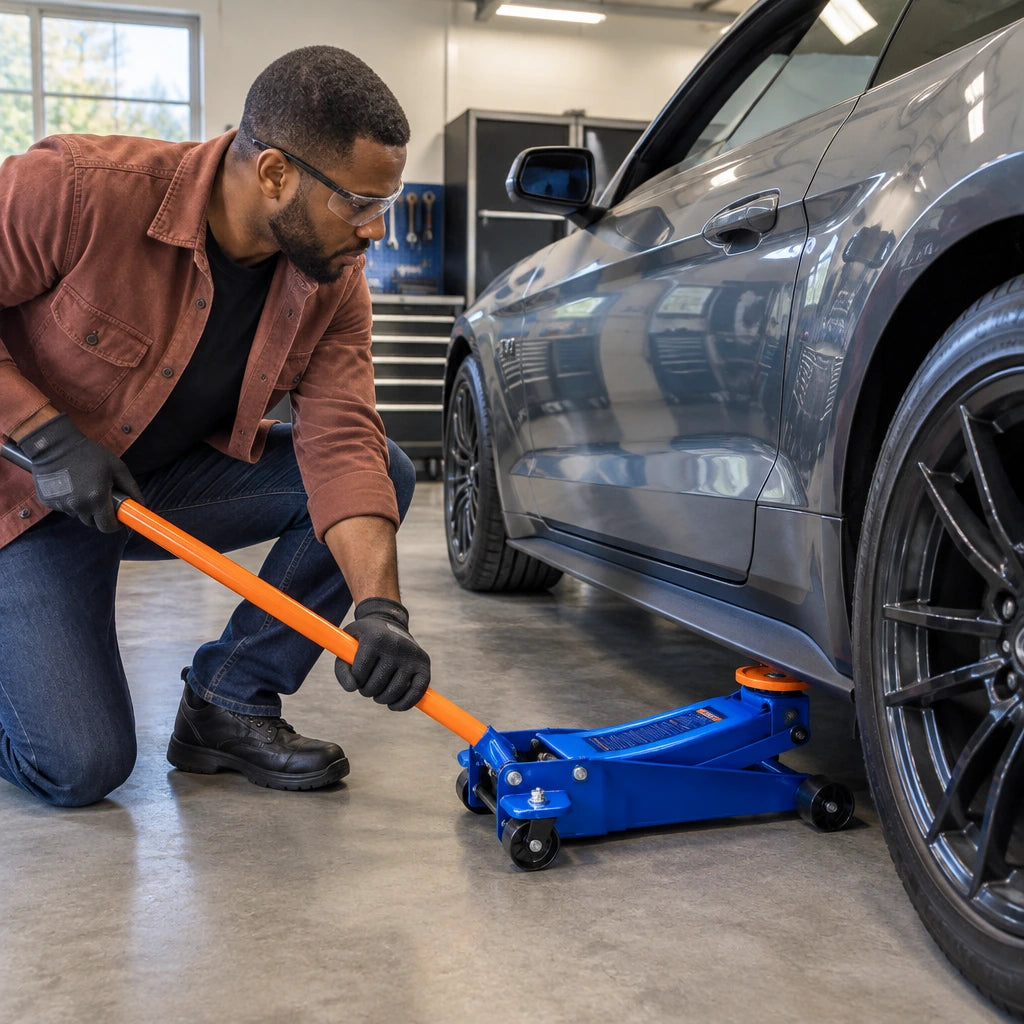 African American automotive enthusiast uses the Wadfow WHJ2535 low-profile floor jack beneath a low-clearance coupe in a clean workshop.