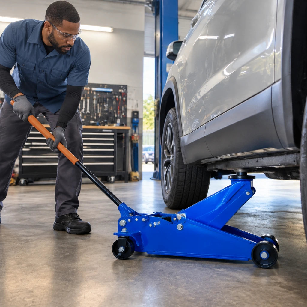 African American automotive technician using a Wadfow WHJ2541 floor jack to raise a compatible vehicle in a service bay
