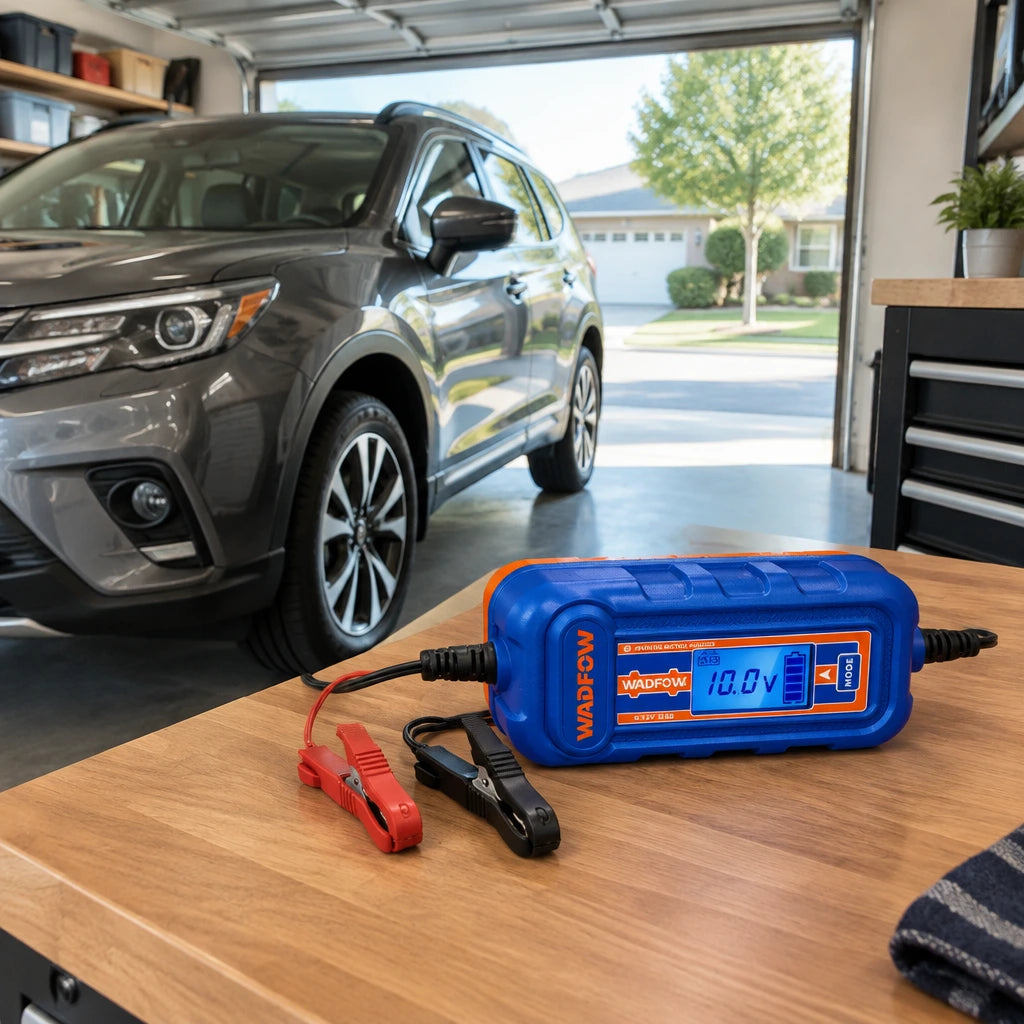Charged car ready in a residential driveway with the Wadfow WBY15041 battery charger resting nearby