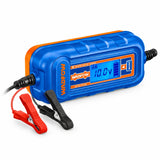 Wadfow WBY15041 blue inverter battery charger with LCD display and red and black battery clamps on white background