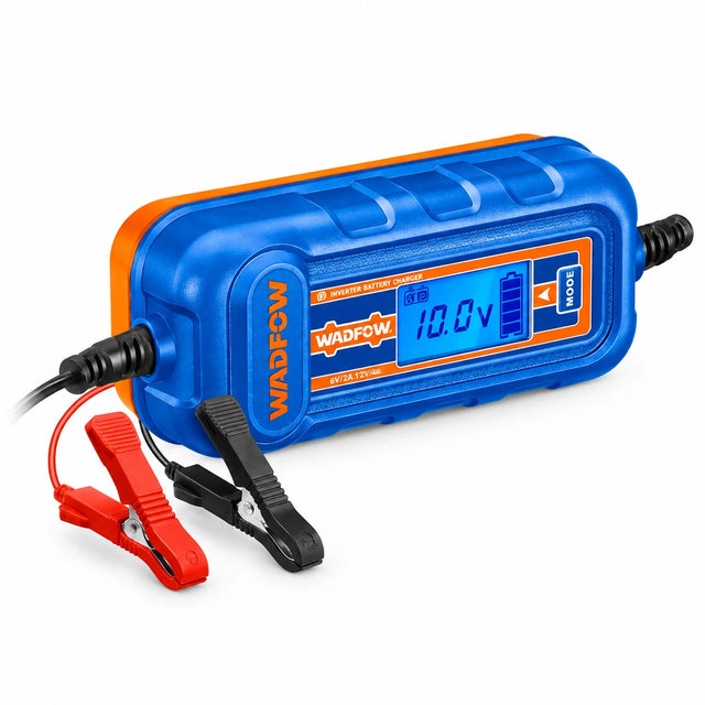 Wadfow WBY15041 blue inverter battery charger with LCD display and red and black battery clamps on white background
