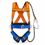 Wadfow WSQ1515 orange and blue full-body safety harness with padded straps, D-rings and 1.5 m safety rope on white background