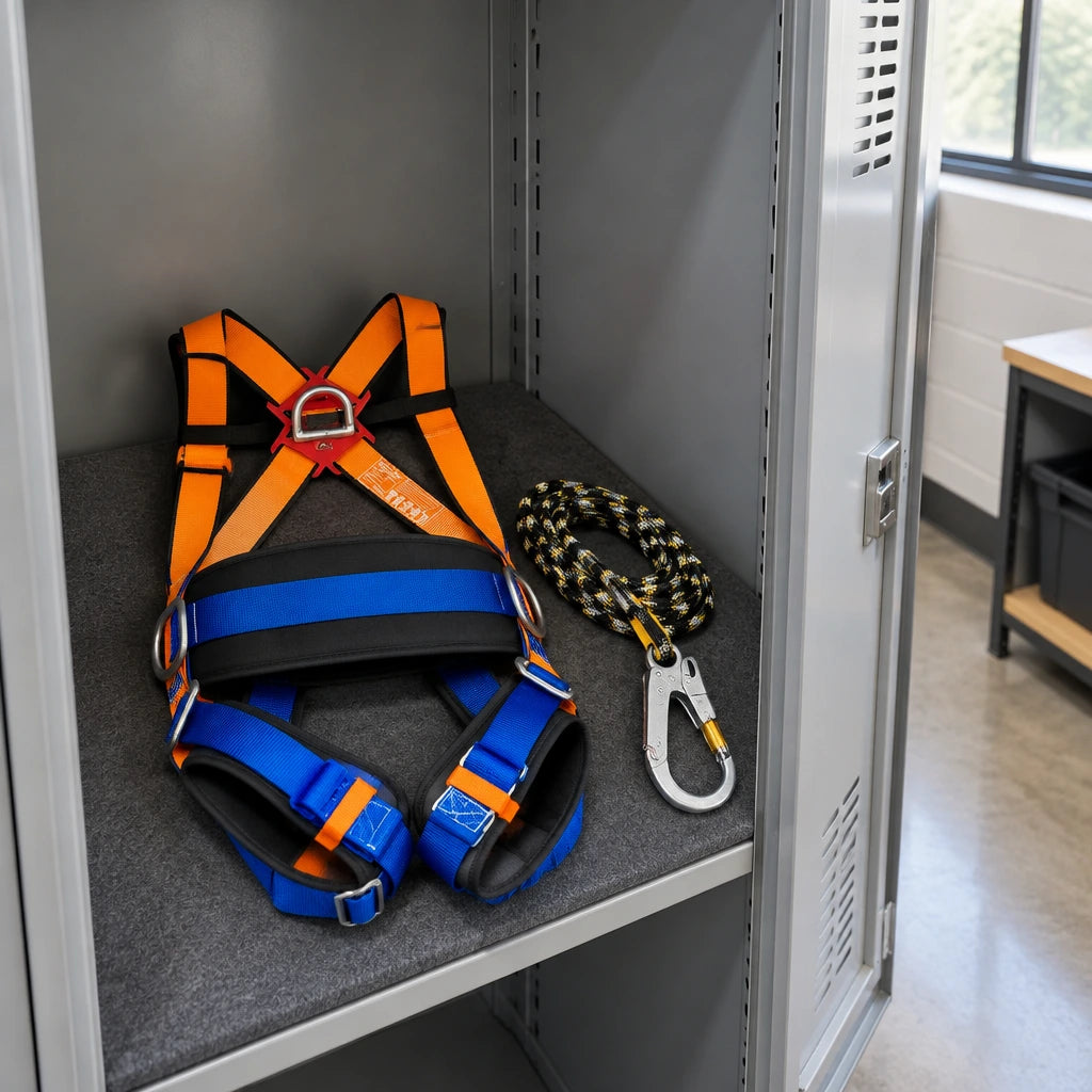 Wadfow WSQ1515 safety harness and rope stored on a shelf in an organised professional maintenance room
