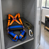 Wadfow WSQ1515 safety harness and rope stored on a shelf in an organised professional maintenance room