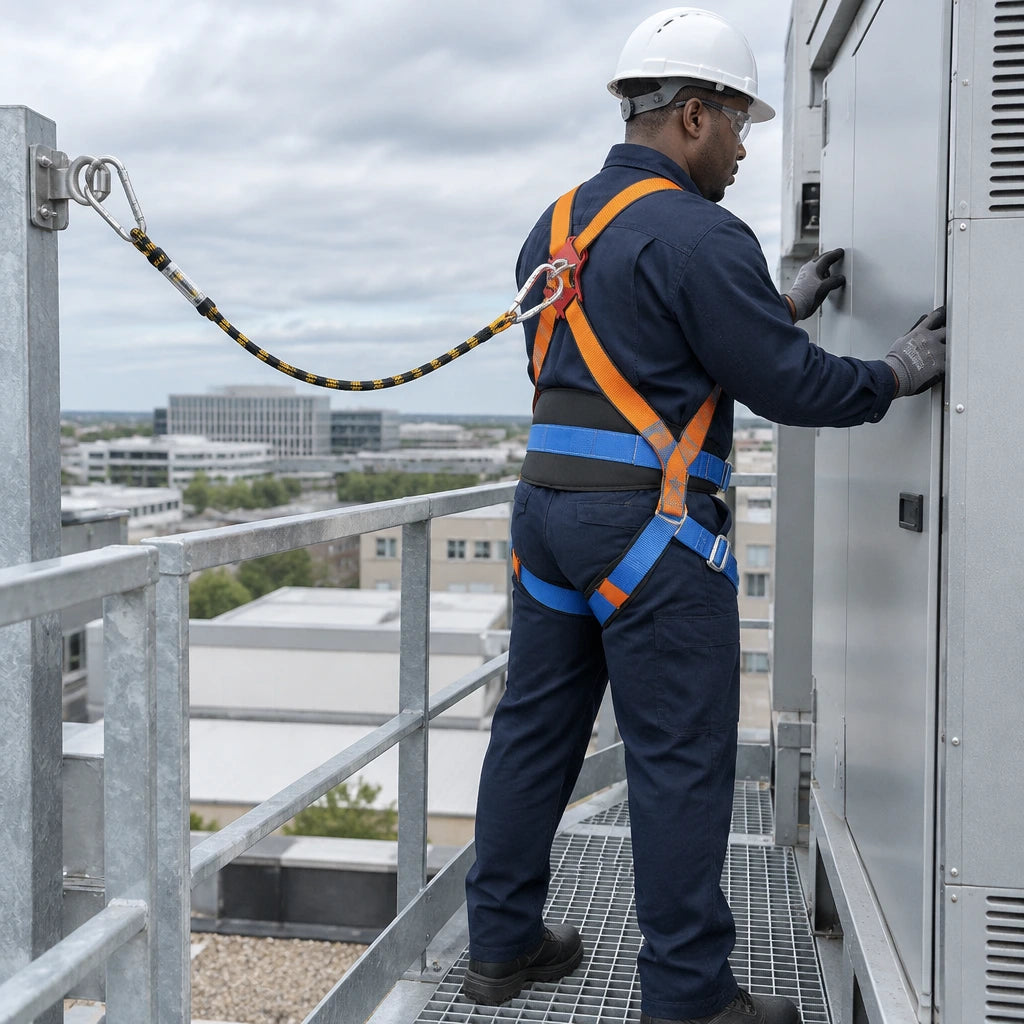 African American maintenance technician wearing a Wadfow WSQ1515 harness while inspecting an elevated service platform
