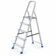 Wadfow five-step aluminium and steel household step ladder with blue feet and steel platform on white background