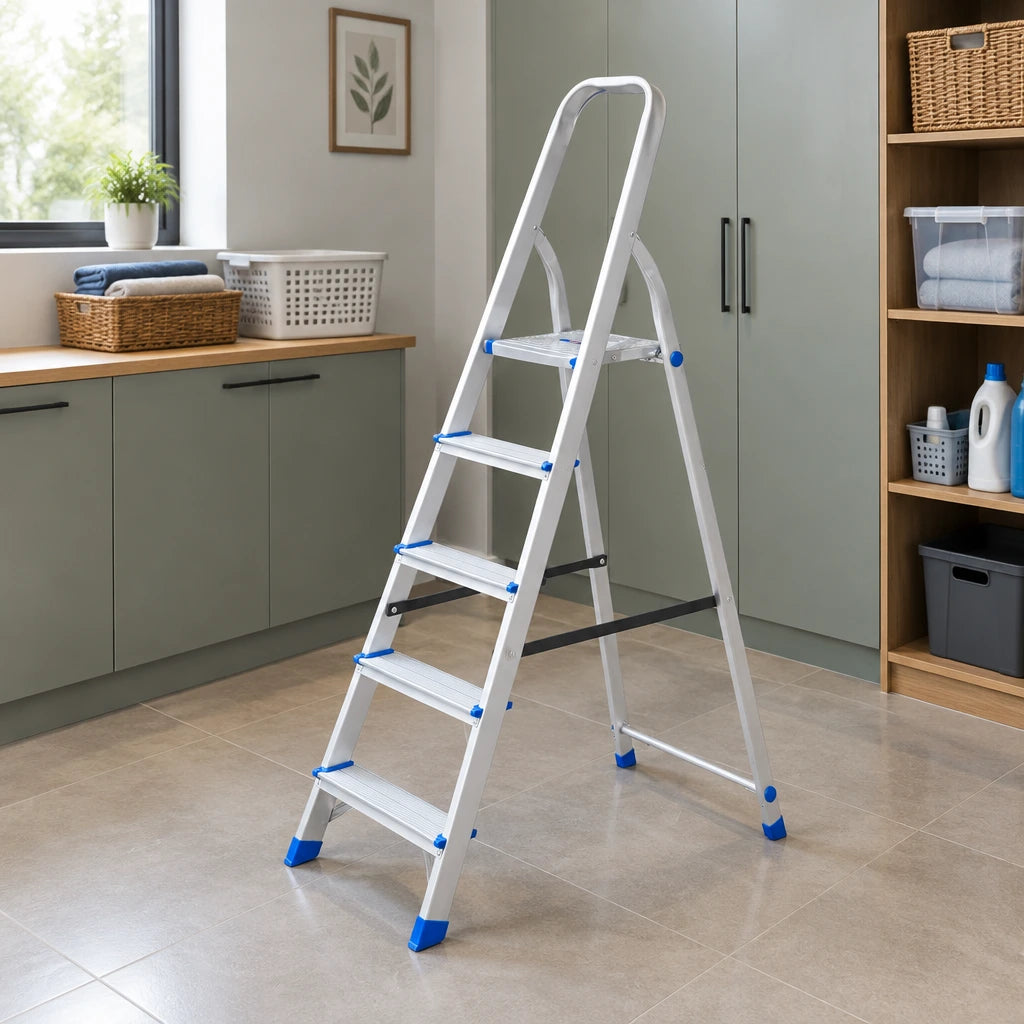 Wadfow household step ladder resting beside built-in storage in a refined utility room