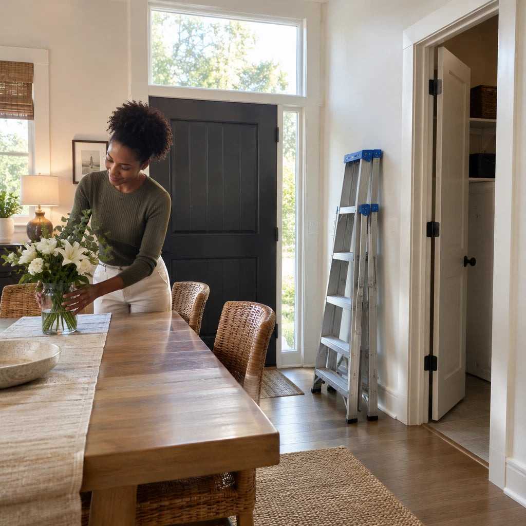 Clean high transom window and parked Wadfow aluminium step ladder in a contemporary dining room