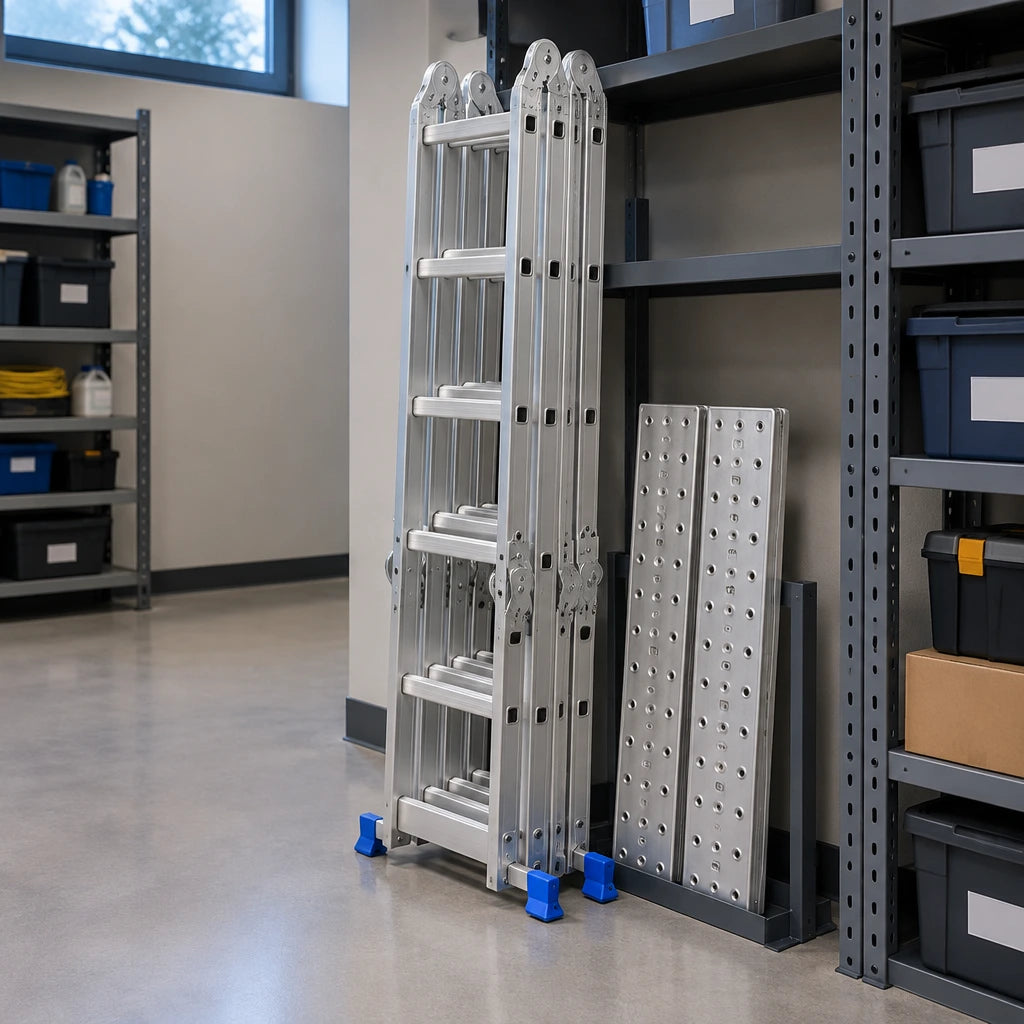 Folded Wadfow WLD7H44 multipurpose aluminium ladder stored with its two scaffold plates in a clean service room