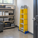 Folded yellow Wadfow multipurpose ladder stored in an orderly contemporary facilities room