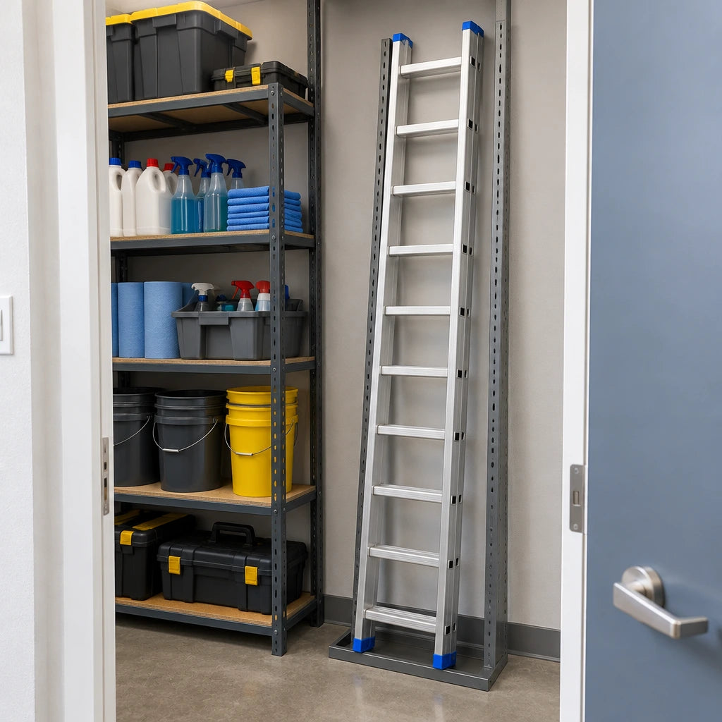 Wadfow straight aluminium ladder stored in an organised retail maintenance closet