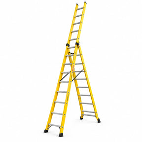 Wadfow WLD4939 three-section 3x9-step extension ladder with yellow non-conductive rails on a white background