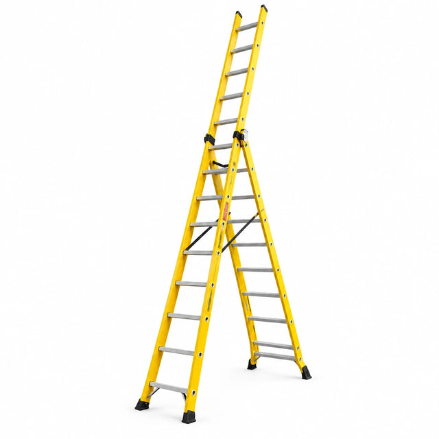 Wadfow WLD4939 three-section 3x9-step extension ladder with yellow non-conductive rails on a white background