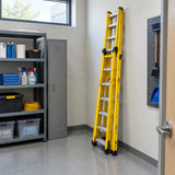 Wadfow WLD4939 shortened three-section extension ladder stored in an organised university maintenance room