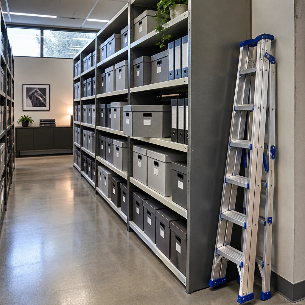 Organised archive shelving with a folded Wadfow WLDF082 ladder resting nearby