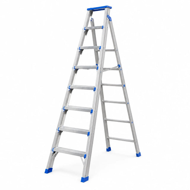 Wadfow WLDF082 eight-step aluminium multifunction flip ladder in A-frame configuration on a white background